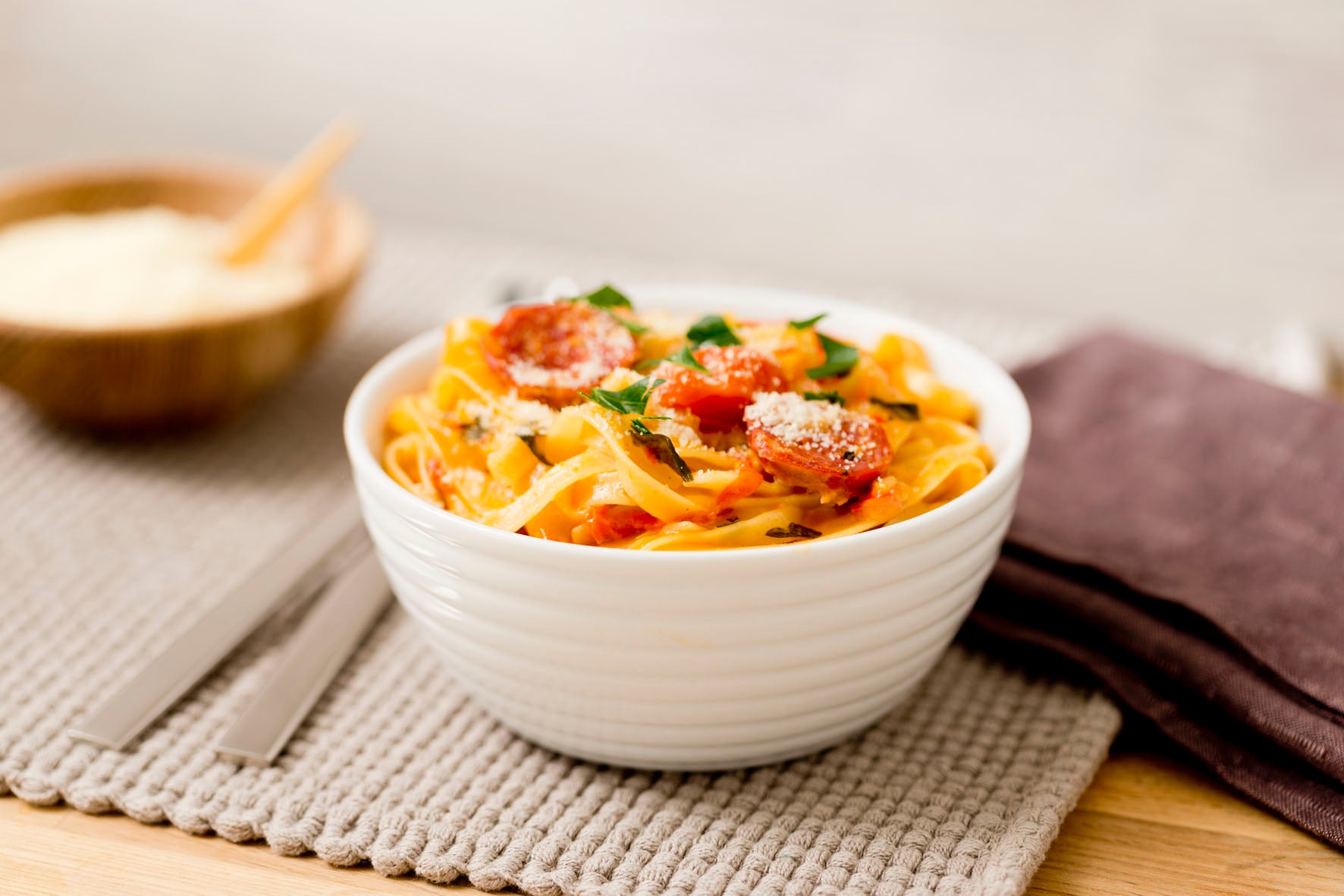 Creamy Tomato + Salami Fettuccine Salami Pasta Recipe