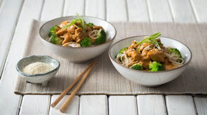 Orange and Sesame Chicken with Broccoli and Noodles