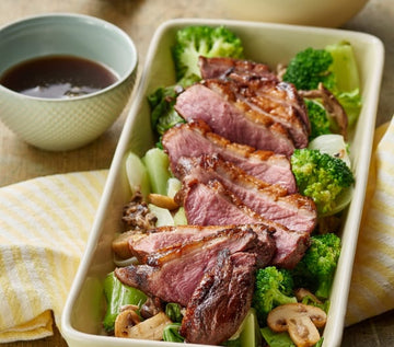 Five-spice duck with mushrooms, Asian vegetables and rice