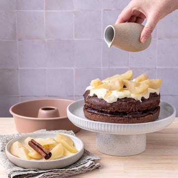 Steamed chocolate cake and poached pears