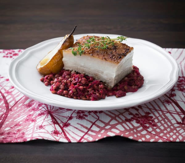 Twice-cooked pork belly with lentils