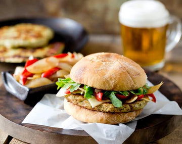 Turkey burgers with caramelised onion and capsicum