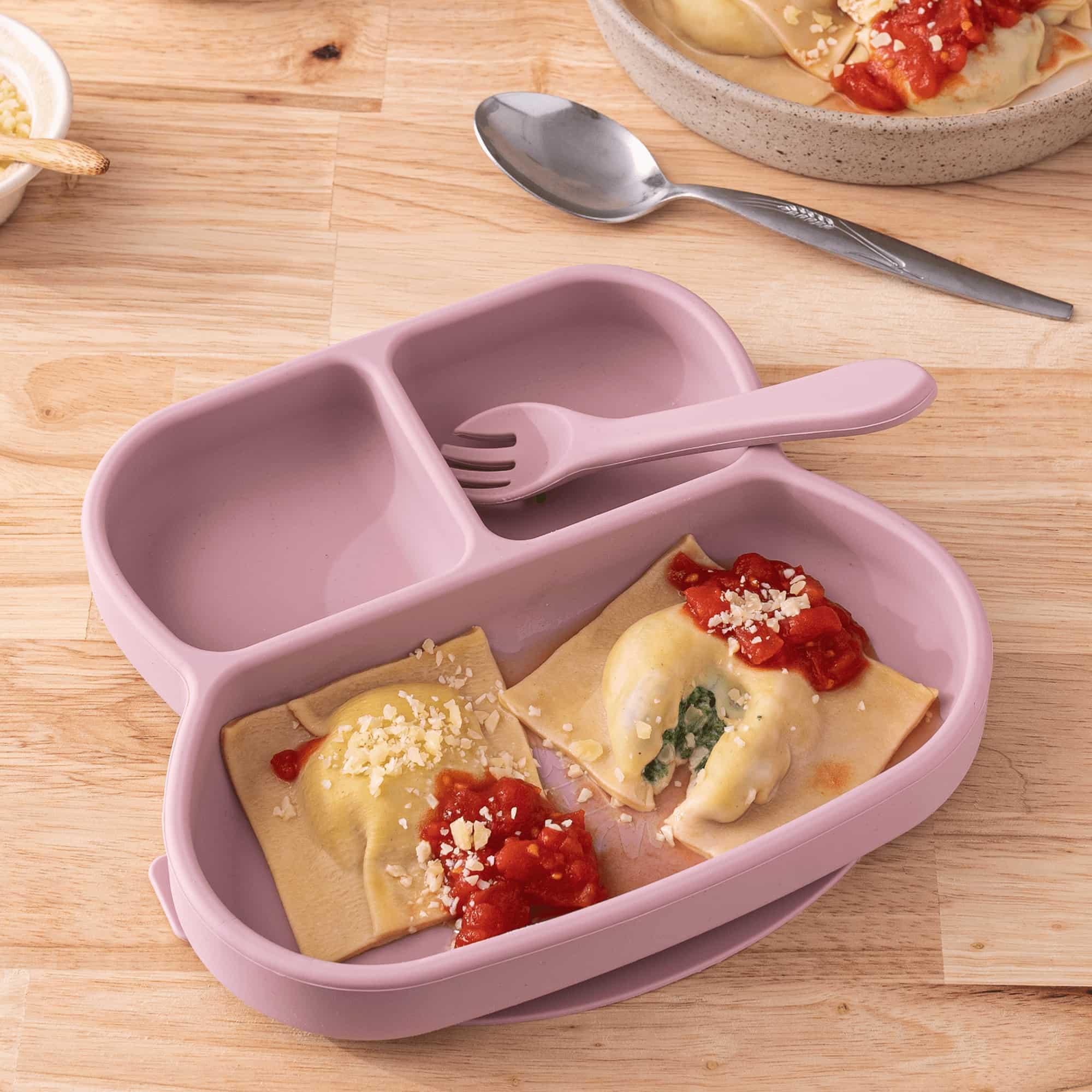 Pink silicone suction plate with 3 dividers and spork